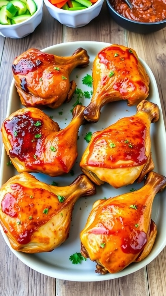 A variety of baked chicken legs with different seasonings on a rustic table.